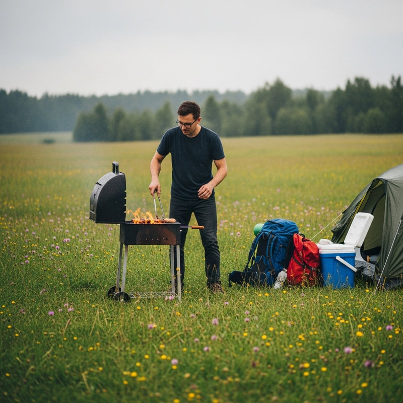 Raining BBQ: 39-Year-Old Man Camps in Field with Glasses Raining BBQ: 39-Year-Old Man Camps in Field with Glasses