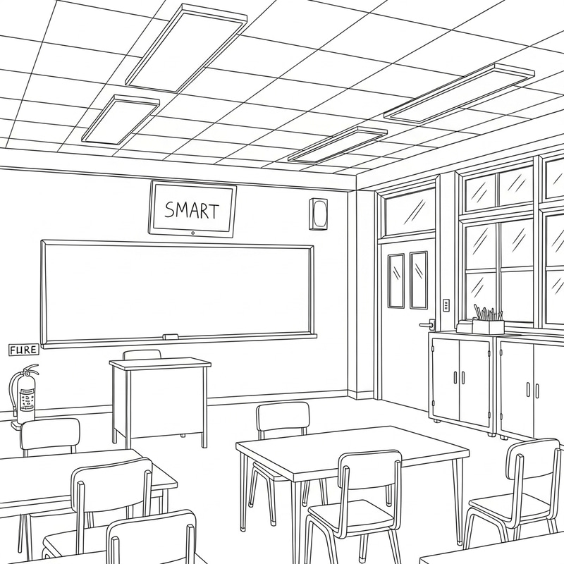 Classroom Sketch: Simple Black and White Scene with SMART TV Classroom Sketch: Simple Black and White Scene with SMART TV