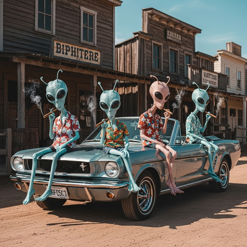 Aliens Smoking Cigars on Vintage Mustang in Ghost Town Aliens Smoking Cigars on Vintage Mustang in Ghost Town