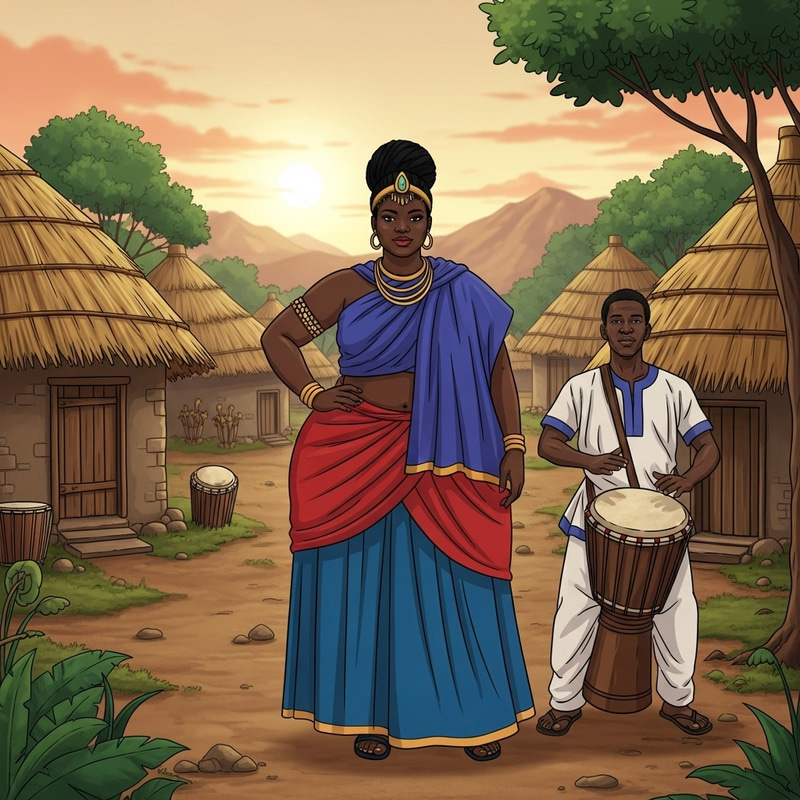 African Princess and Drummer in Authentic Village Scene African Princess and Drummer in Authentic Village Scene