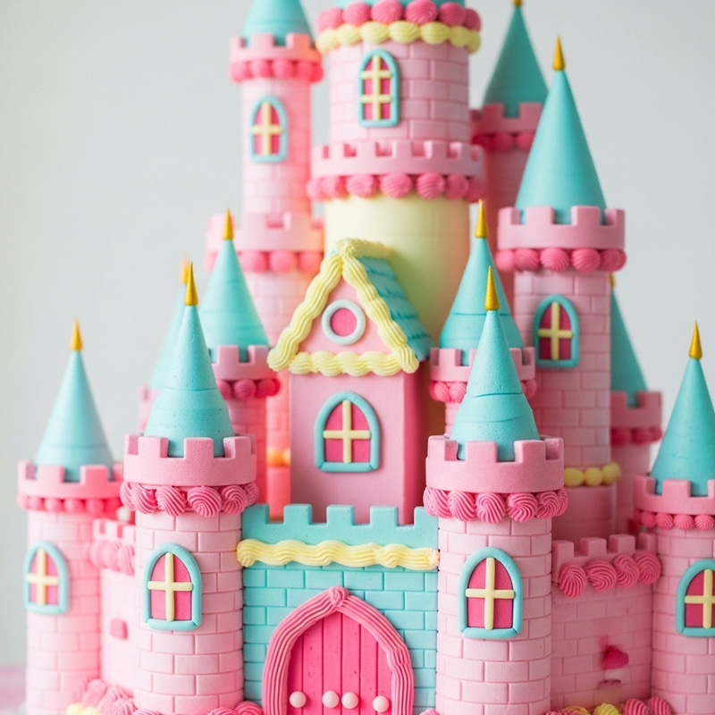 Whimsical Strawberry Cake Castle - Vibrant Pastel Delights