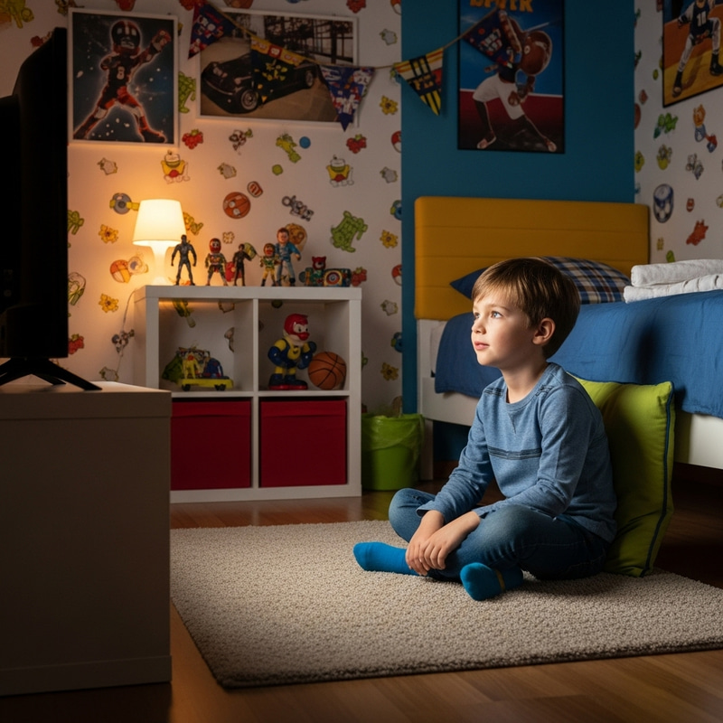 Young Boy Alone Watching TV on Carpet
