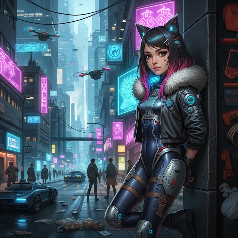 Futuristic Cyberpunk Anime Girl with Robotic Cat Ears
