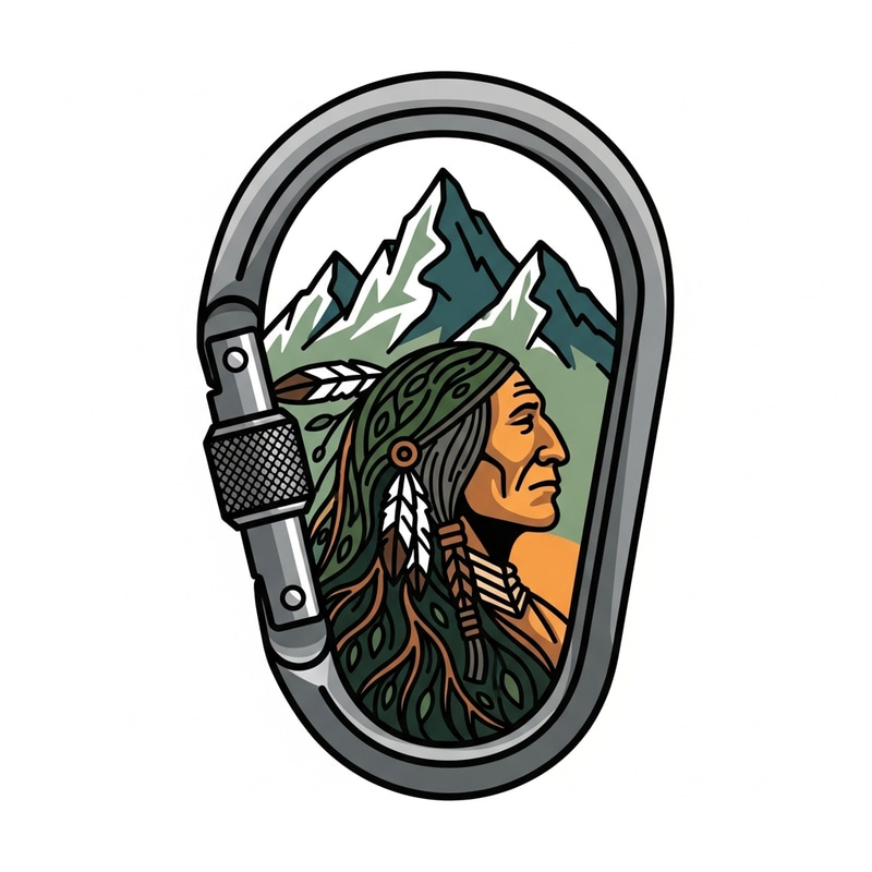 Native American Carabiner Logo with Mountain Background