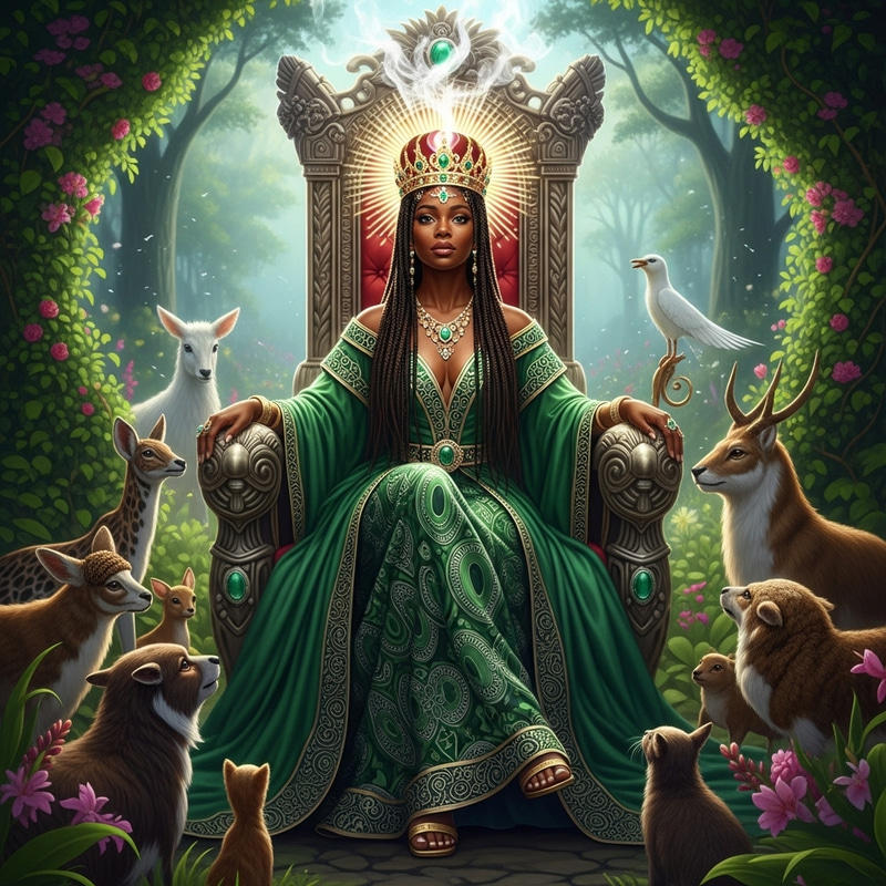 Divine Black Woman Glowing on Garden Throne with Holy Spirit