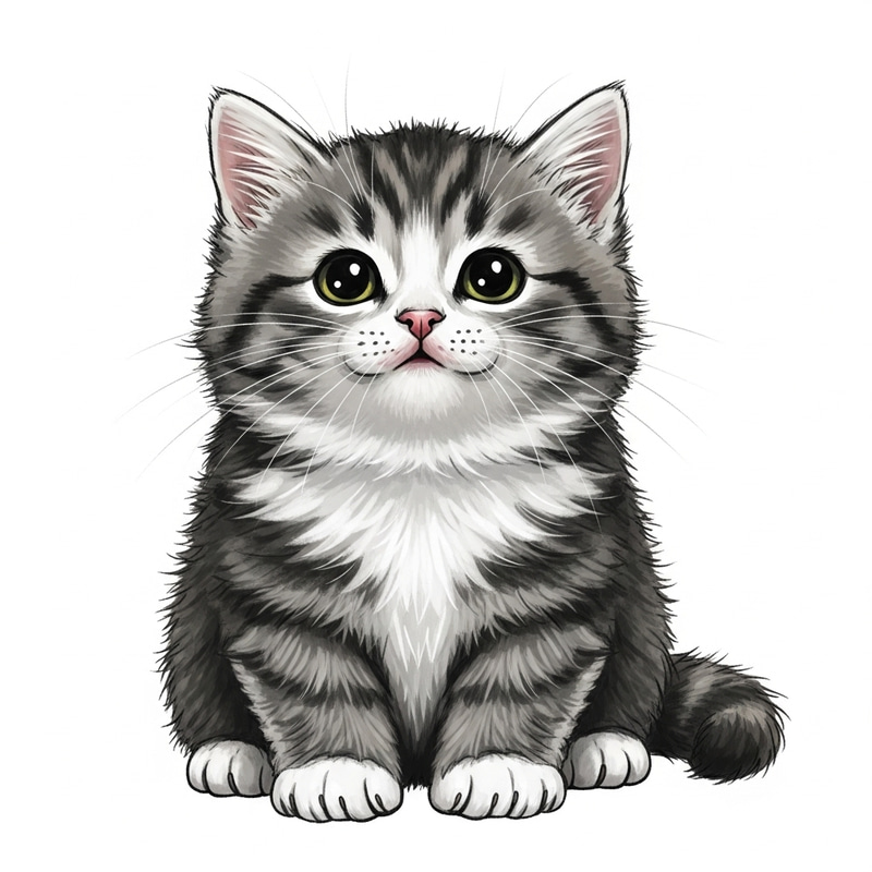 Whimsical Adorable Chunky Kitten Drawing | Pure White Background Whimsical Adorable Chunky Kitten Drawing | Pure White Background