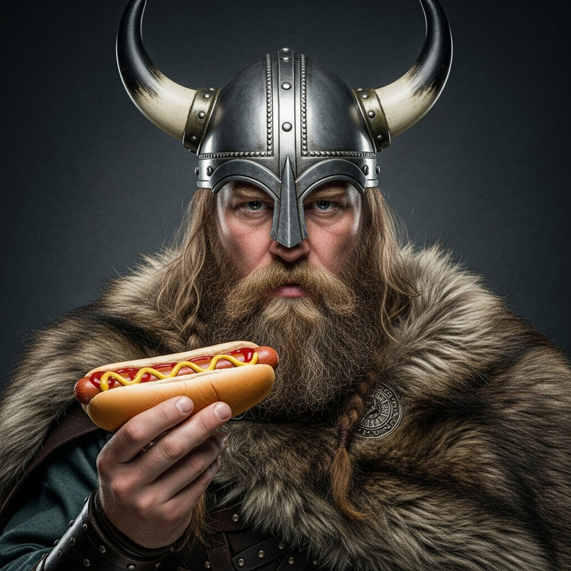 Serious Viking with Hotdog: A Determined Hotdog Contestant