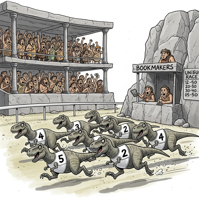 Dino Horse Race: 6 T-Rexes Sprinting in Jockey Bibs Dino Horse Race: 6 T-Rexes Sprinting in Jockey Bibs