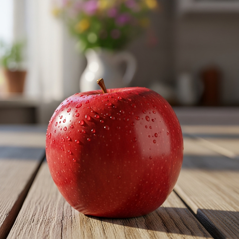 Fresh Ripe Red Apple on Rustic Wooden Table