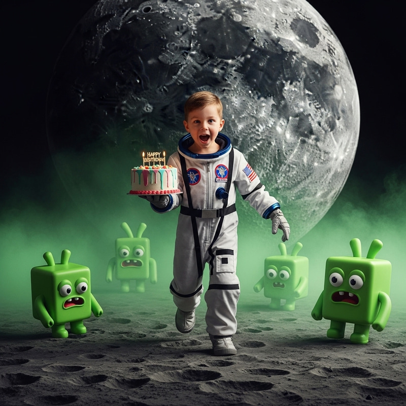 6-Year-Old Boy's Moon Adventure with Birthday Cake 6-Year-Old Boy's Moon Adventure with Birthday Cake