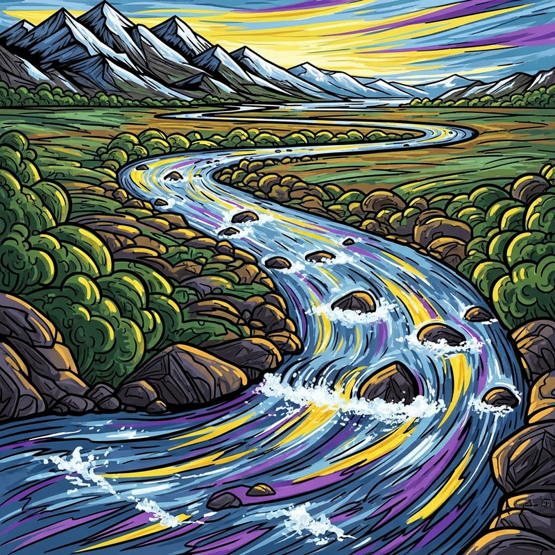 Flowing River: Enigmatic Mountains to Vast Ocean Flowing River: Enigmatic Mountains to Vast Ocean