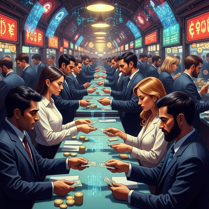 Vibrant Currency Exchange Market Art with Crypto Themes Vibrant Currency Exchange Market Art with Crypto Themes