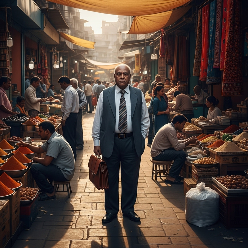 Elderly Indian Businessman in Colorful Marketplace - Vibrant Scene