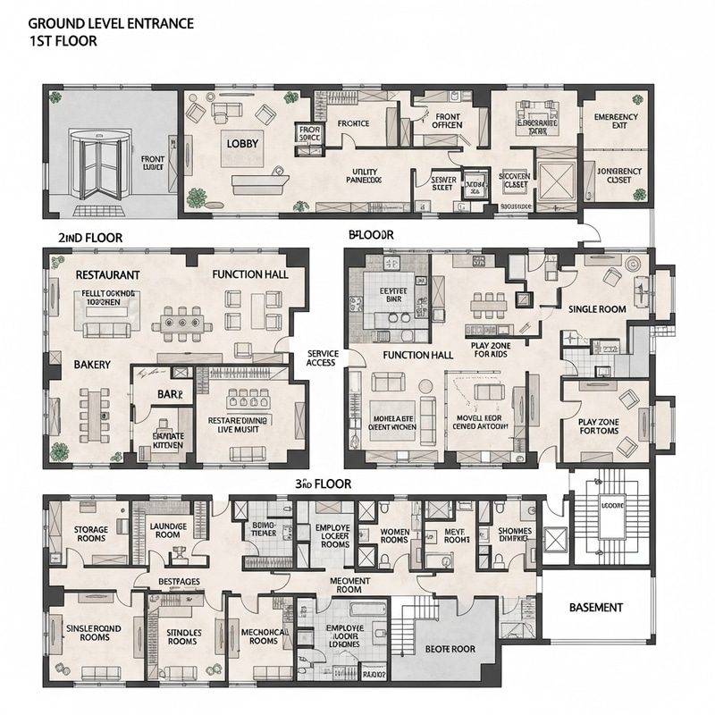 Luxurious 6-Story Building Floor Plan with Room Varieties