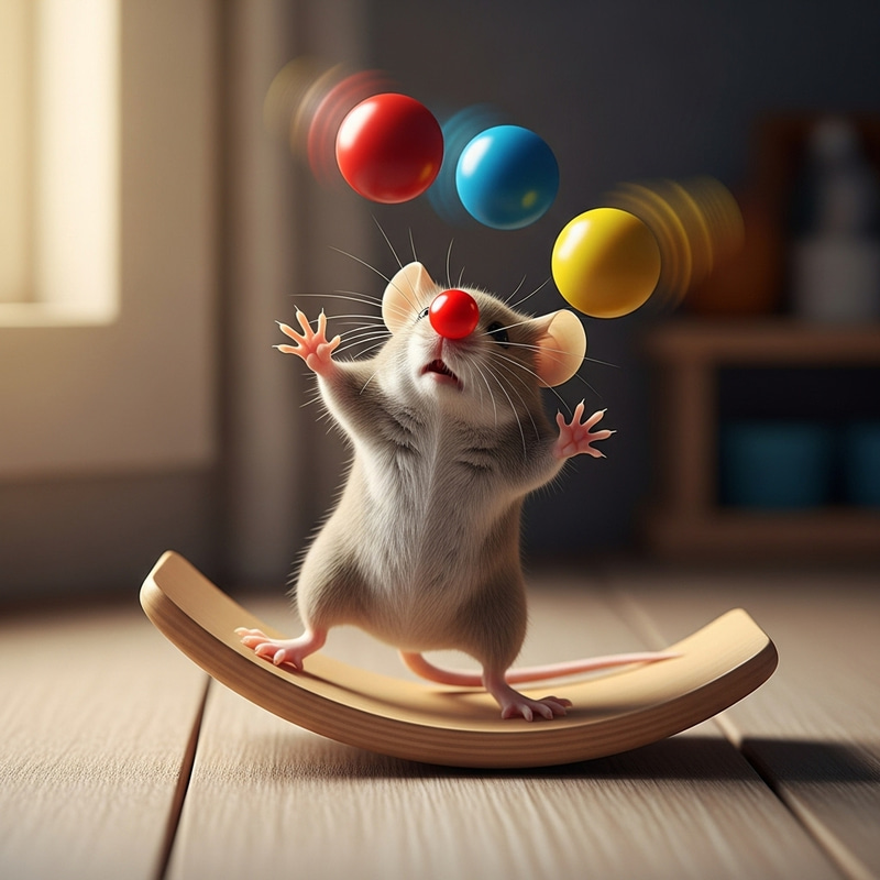 Playful Mouse Juggling Colorful Balls on Balance Board Playful Mouse Juggling Colorful Balls on Balance Board