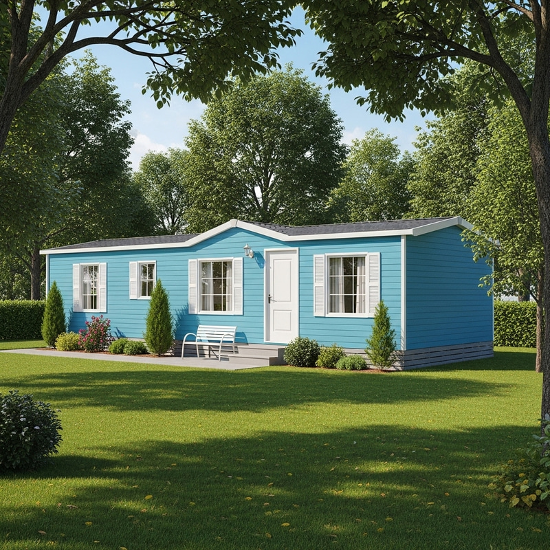 Blue Mobile Home in Serene Nature Setting Blue Mobile Home in Serene Nature Setting