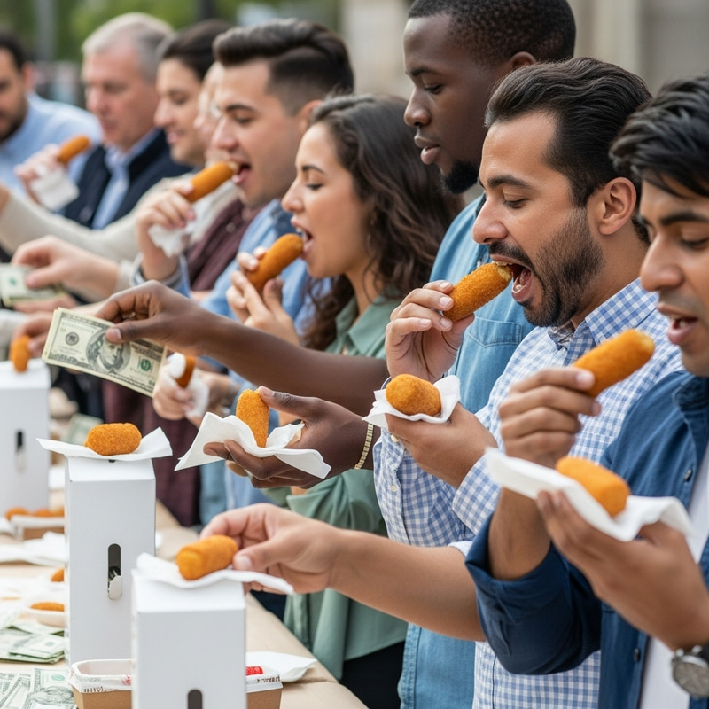 Diverse Donation Line Enjoying Croquettes & Sharing Joy
