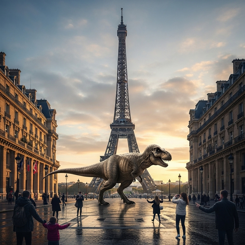 Dinosaur in Front of Eiffel Tower | Paris Adventure