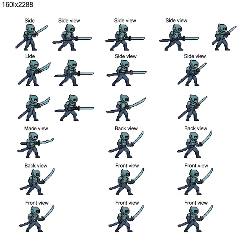 Pixel Art Sprite Sheet: Futuristic-Style Katana Character Frames Pixel Art Sprite Sheet: Futuristic-Style Katana Character Frames