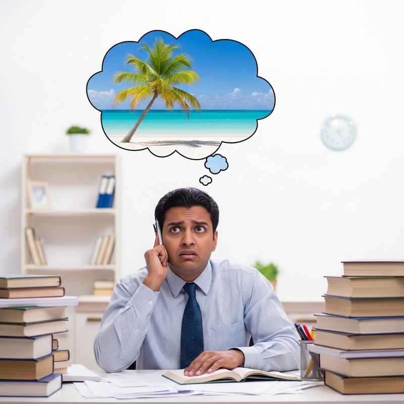Person Puzzled Among Books, Dreaming of Beach Escape Person Puzzled Among Books, Dreaming of Beach Escape