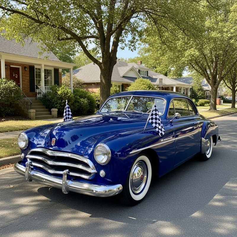 Classic Blue Coupe Style Car on Peaceful Suburban Street Classic Blue Coupe Style Car on Peaceful Suburban Street