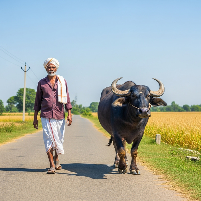 Serene Rural Life Scene: Brahmin and Buffalo on Country Road Serene Rural Life Scene: Brahmin and Buffalo on Country Road