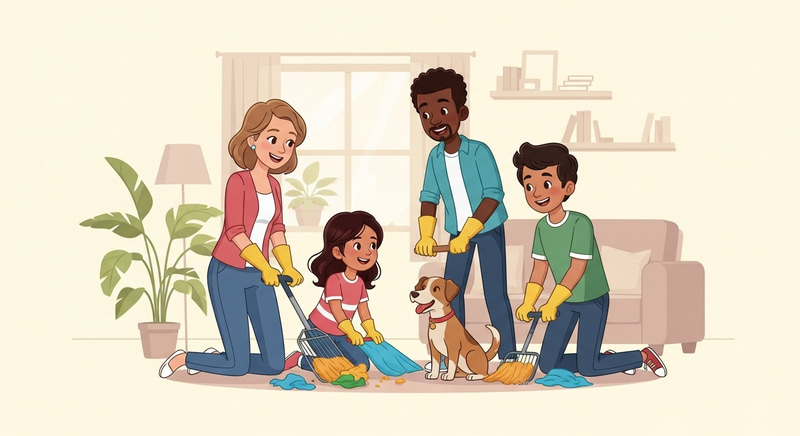 Happy Family Cleaning Together in Cartoon Style Happy Family Cleaning Together in Cartoon Style