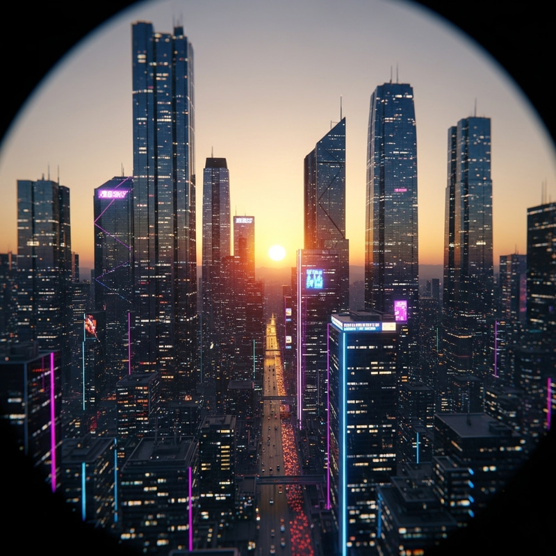 Futuristic Cityscape at Sunset with Tilt-Shift Lens & Neon Lights Futuristic Cityscape at Sunset with Tilt-Shift Lens & Neon Lights