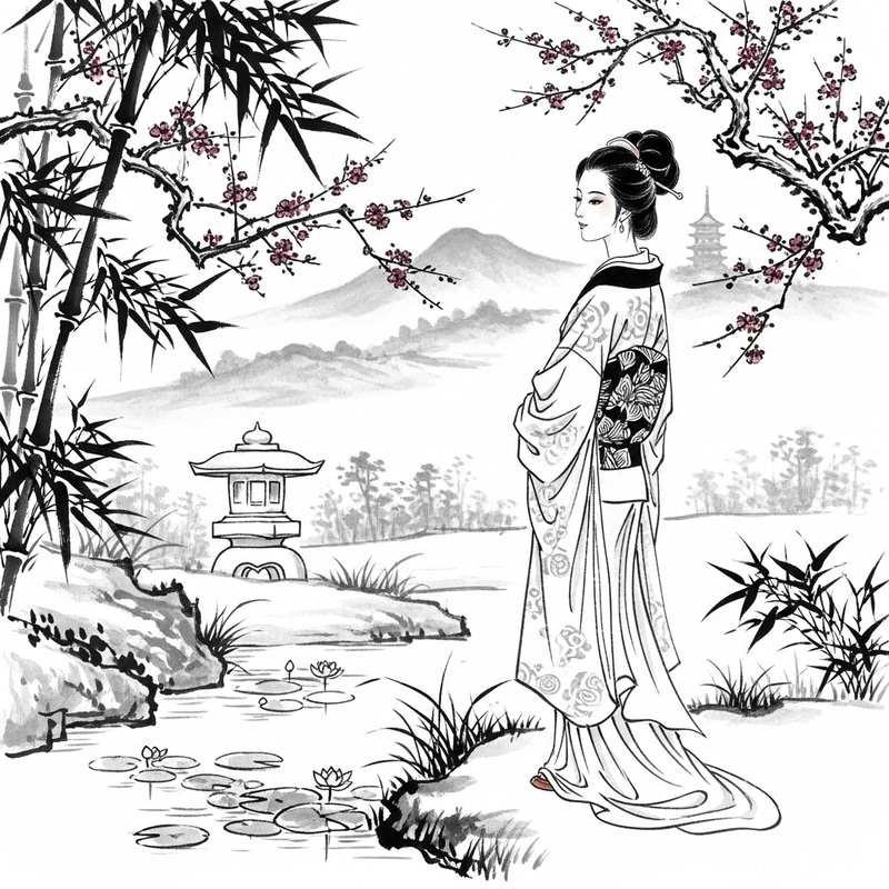 Serene Nude Asian Woman in Tranquil Garden Ink Painting Serene Nude Asian Woman in Tranquil Garden Ink Painting