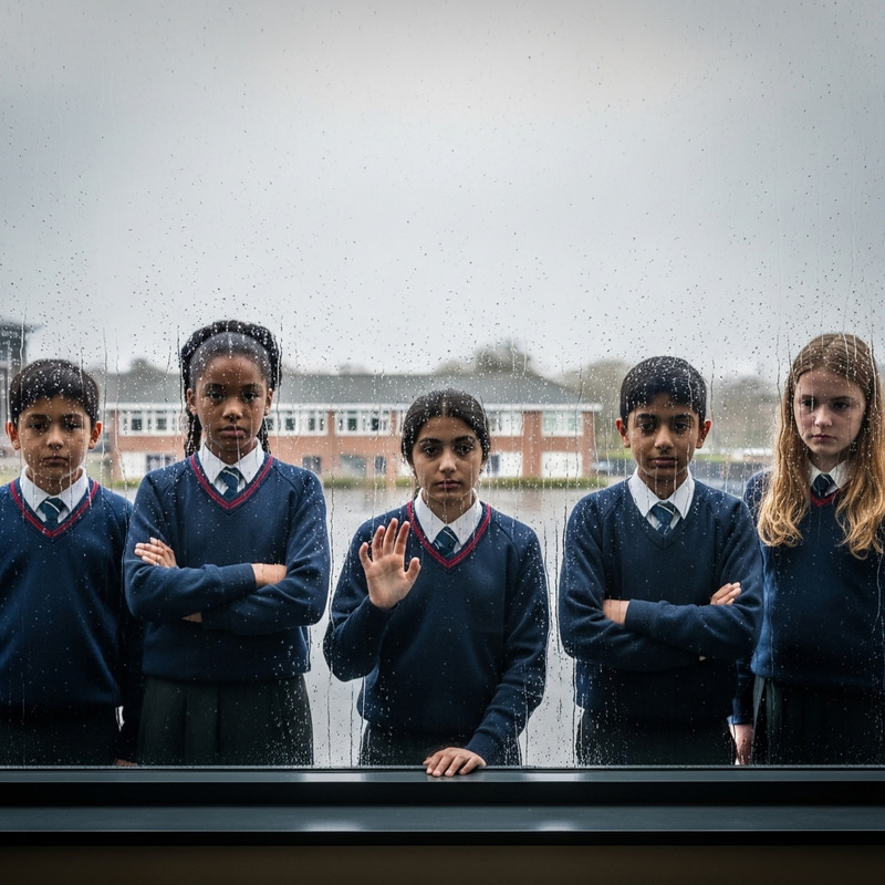 Group of Students Admiring Rain Outside Classroom Window