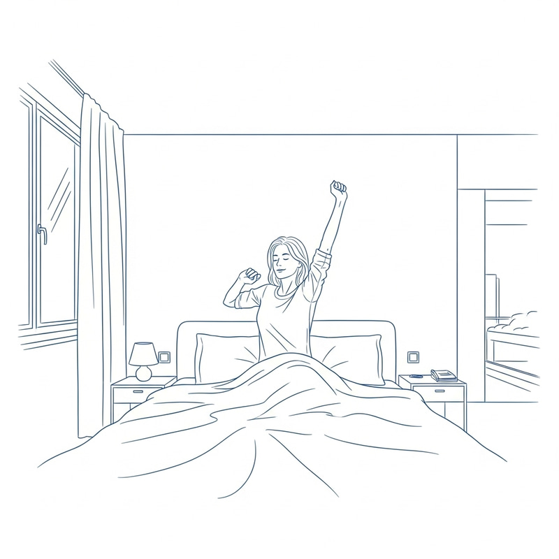 Calm Morning: Woman Stretching in Blue Minimalist Bedroom Calm Morning: Woman Stretching in Blue Minimalist Bedroom