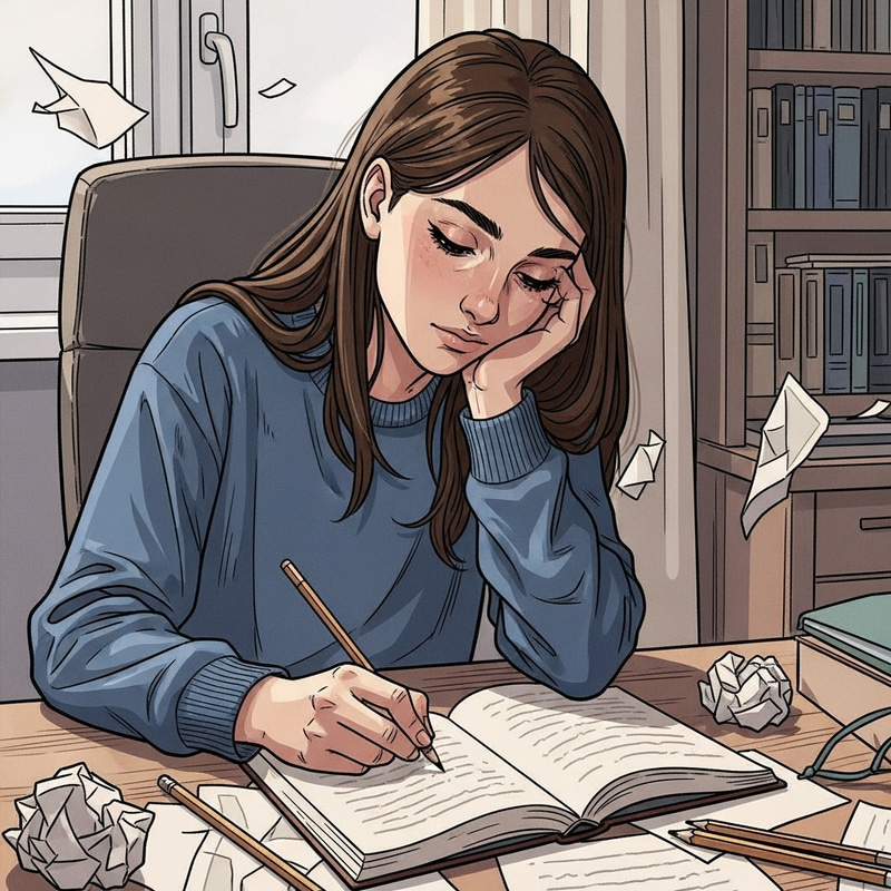 Detailed Lofi Style Illustration of a Thoughtful Girl Writing in a Calm Room