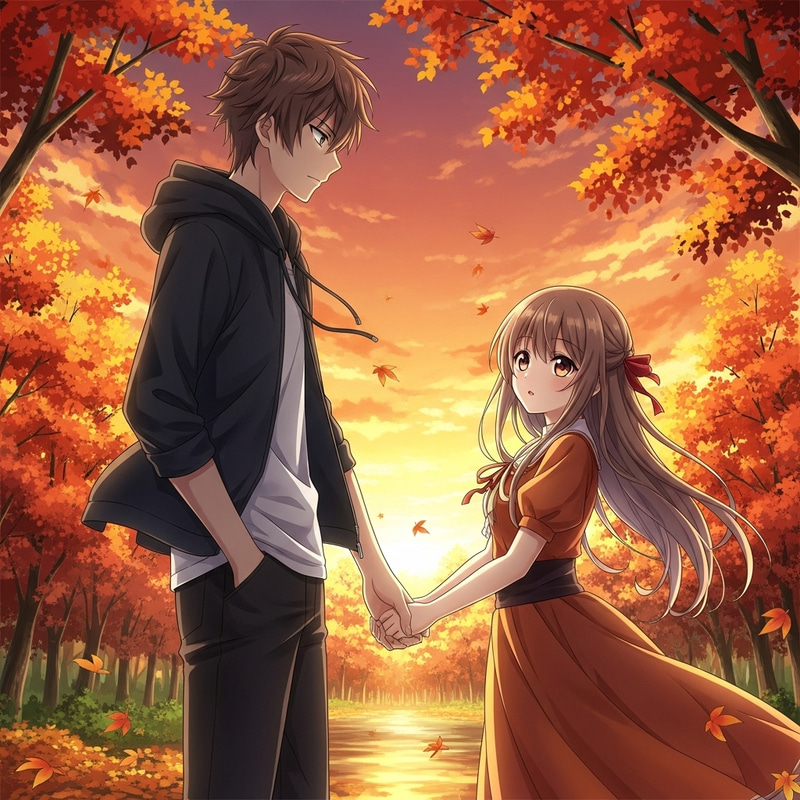 Anime Boy and Girl Holding Hands in Autumn Sky - Scenic 2D Art
