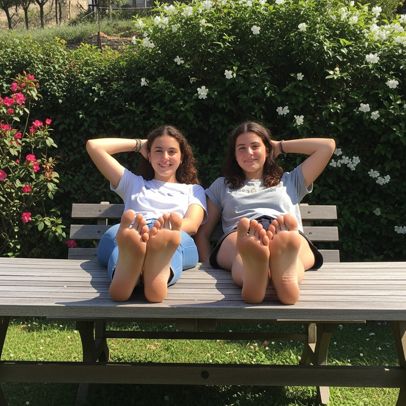 Spanish Teenage Girls Barefoot Feet Up Relaxing Soles