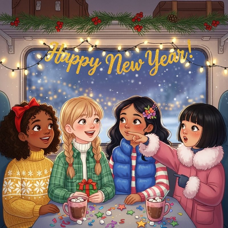 Cheerful Group of Girls Celebrating New Year in Train Cheerful Group of Girls Celebrating New Year in Train