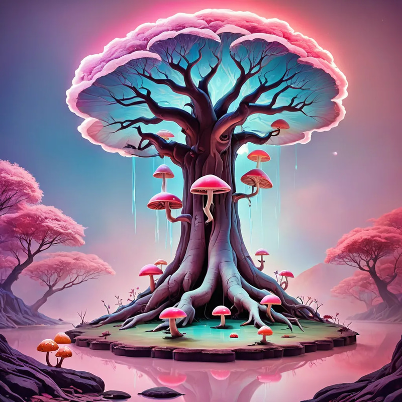Enchanting Surreal Tree with Glowing Mushrooms Enchanting Surreal Tree with Glowing Mushrooms