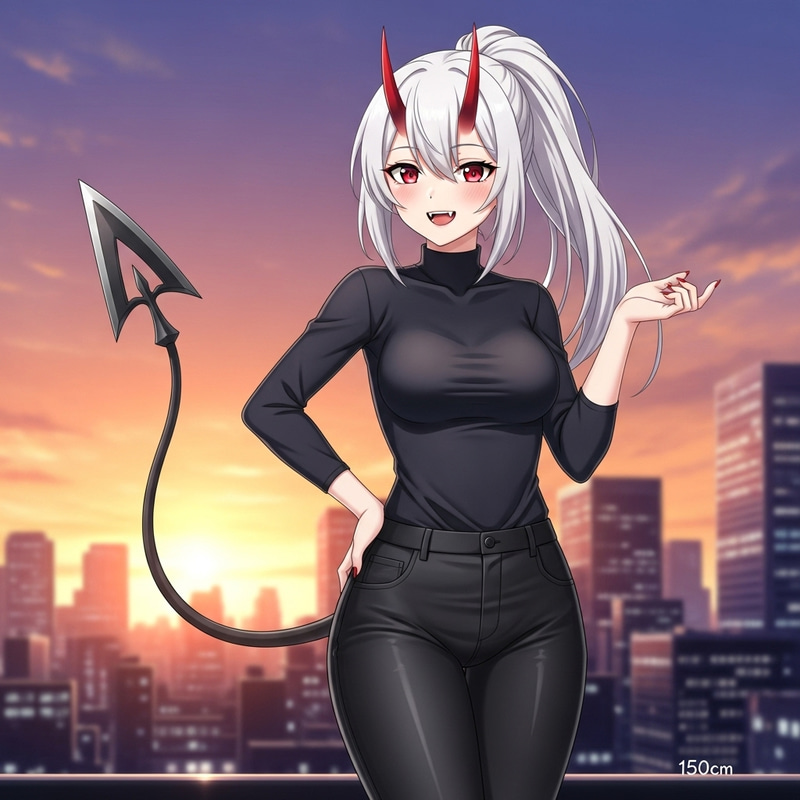 Adorable Anime Girl with Red Eyes, White Hair, Horns, Tail, and Fangs