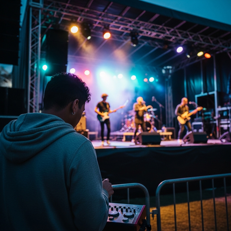 Hooded Music Lover Enthralled by Live Band Performance Hooded Music Lover Enthralled by Live Band Performance