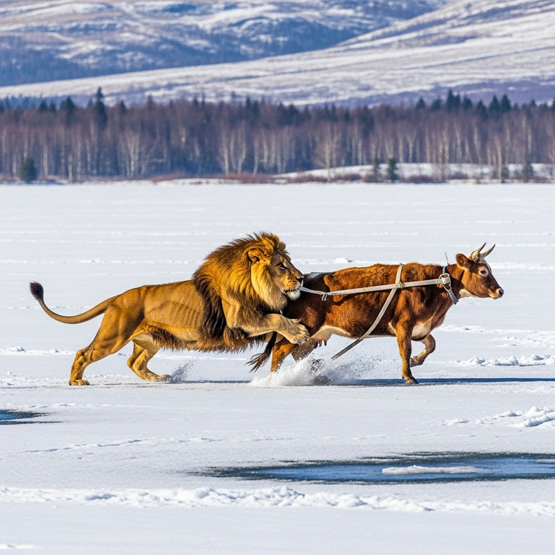 Majestic Lion Rescuing Cow in Snowy Landscape - Wildlife Photography Majestic Lion Rescuing Cow in Snowy Landscape - Wildlife Photography