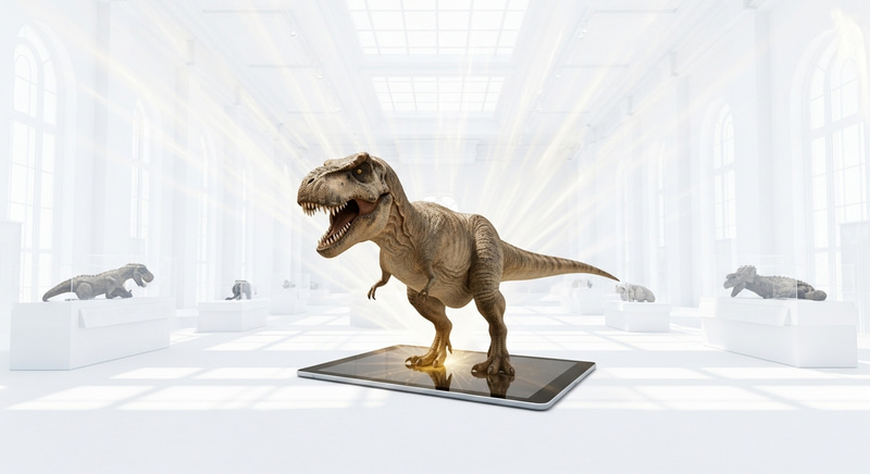 Captivating 3D Museum Tour with T-Rex Emerging from Tablet Captivating 3D Museum Tour with T-Rex Emerging from Tablet