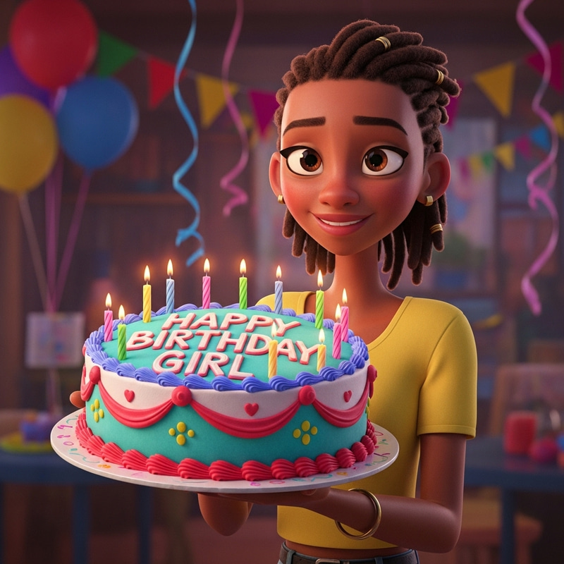 Pixar Style Illustration: Young African Woman with Birthday Cake Pixar Style Illustration: Young African Woman with Birthday Cake