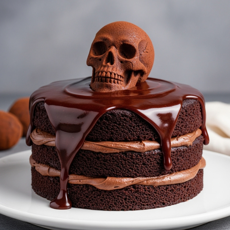 Decadent Chocolate Cake with Multilayered Ganache and Truffle Skull Decoration Decadent Chocolate Cake with Multilayered Ganache and Truffle Skull Decoration