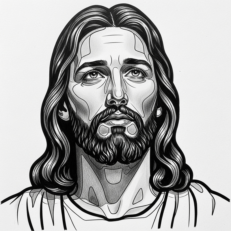 Realistic Pencil Drawing of Jesus Christ with Strong Black Outlines