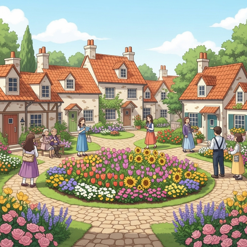 Blooming Flower Bed in Charming Village | Tranquil Village Scene
