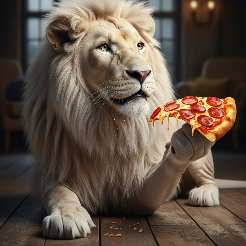 White Lion Eating Pizza - A Unique Sight to Behold