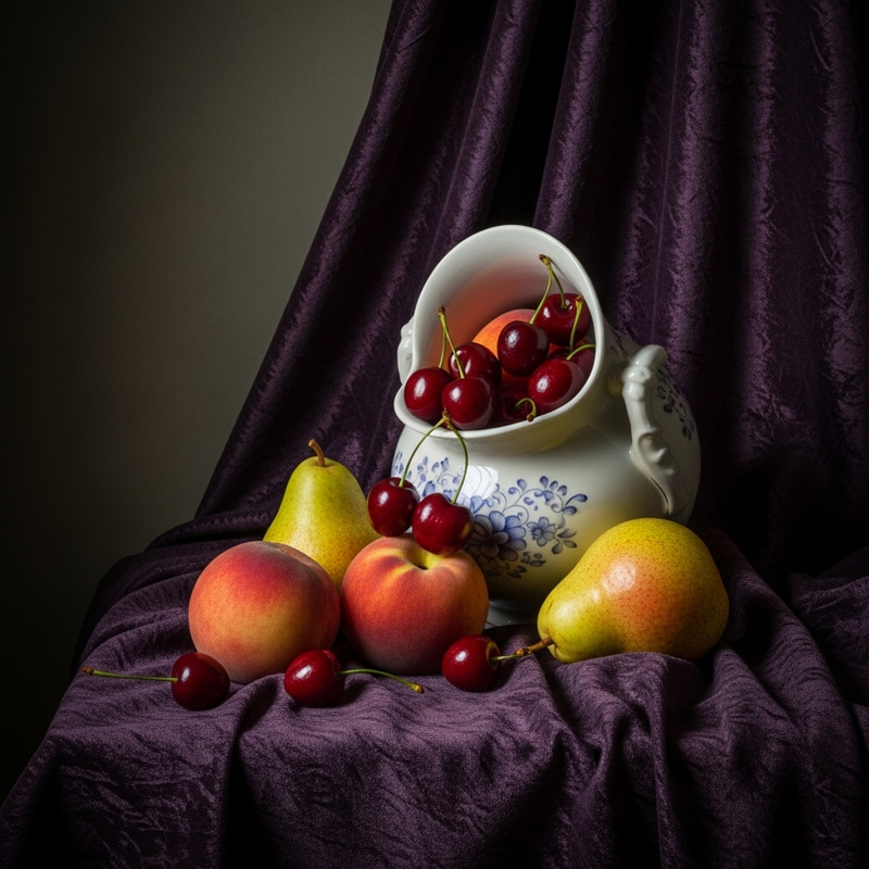 Elegant Still Life: Porcelain Vase Overflowing with Fresh Fruits Elegant Still Life: Porcelain Vase Overflowing with Fresh Fruits