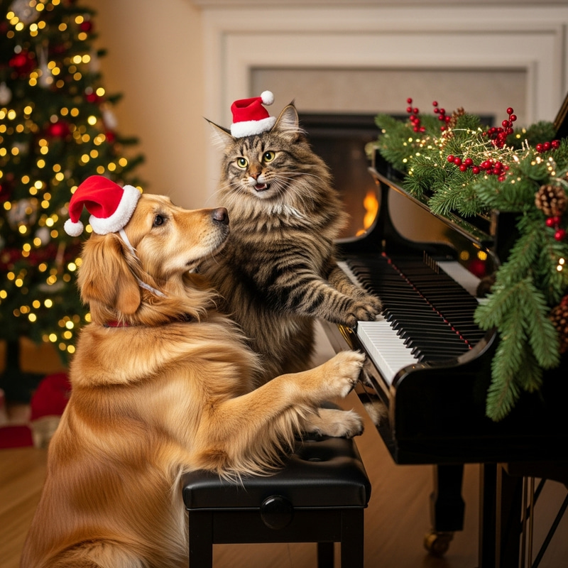 Norwegian Cat and Golden Retriever Festive Piano Harmony Norwegian Cat and Golden Retriever Festive Piano Harmony