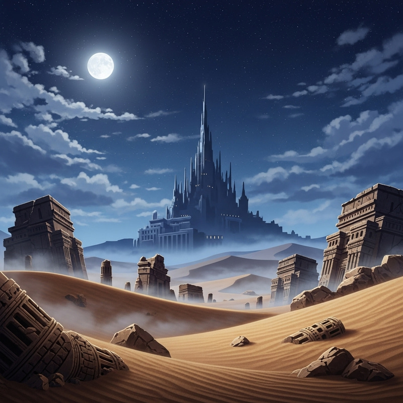Enchanting Anime Desert with Moon, Stars, Ruins & Palace Enchanting Anime Desert with Moon, Stars, Ruins & Palace
