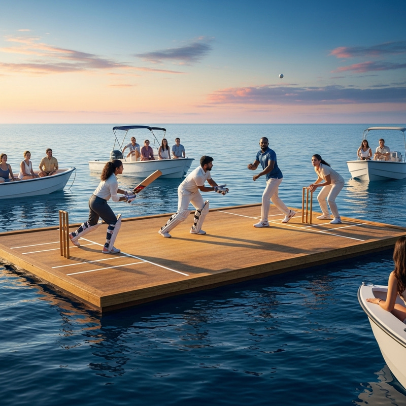 Exciting Cricket Match on Ocean Platform | Diverse Teams & Spectators