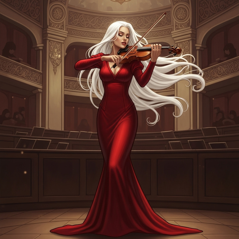 Elegant Violinist with Long White Hair in Red Gown | Art Nouveau Fantasy Performance